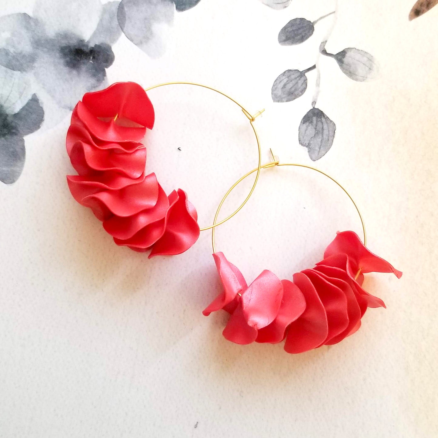 Pink on Gold Large Flamenco Ruffle Hoops