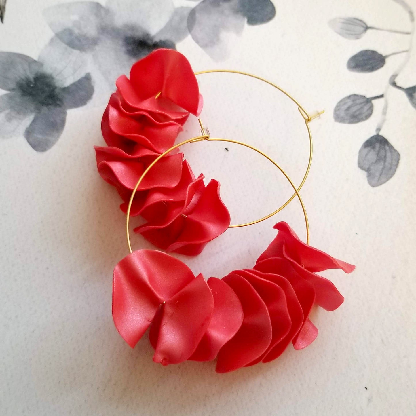 Pink on Gold Large Flamenco Ruffle Hoops
