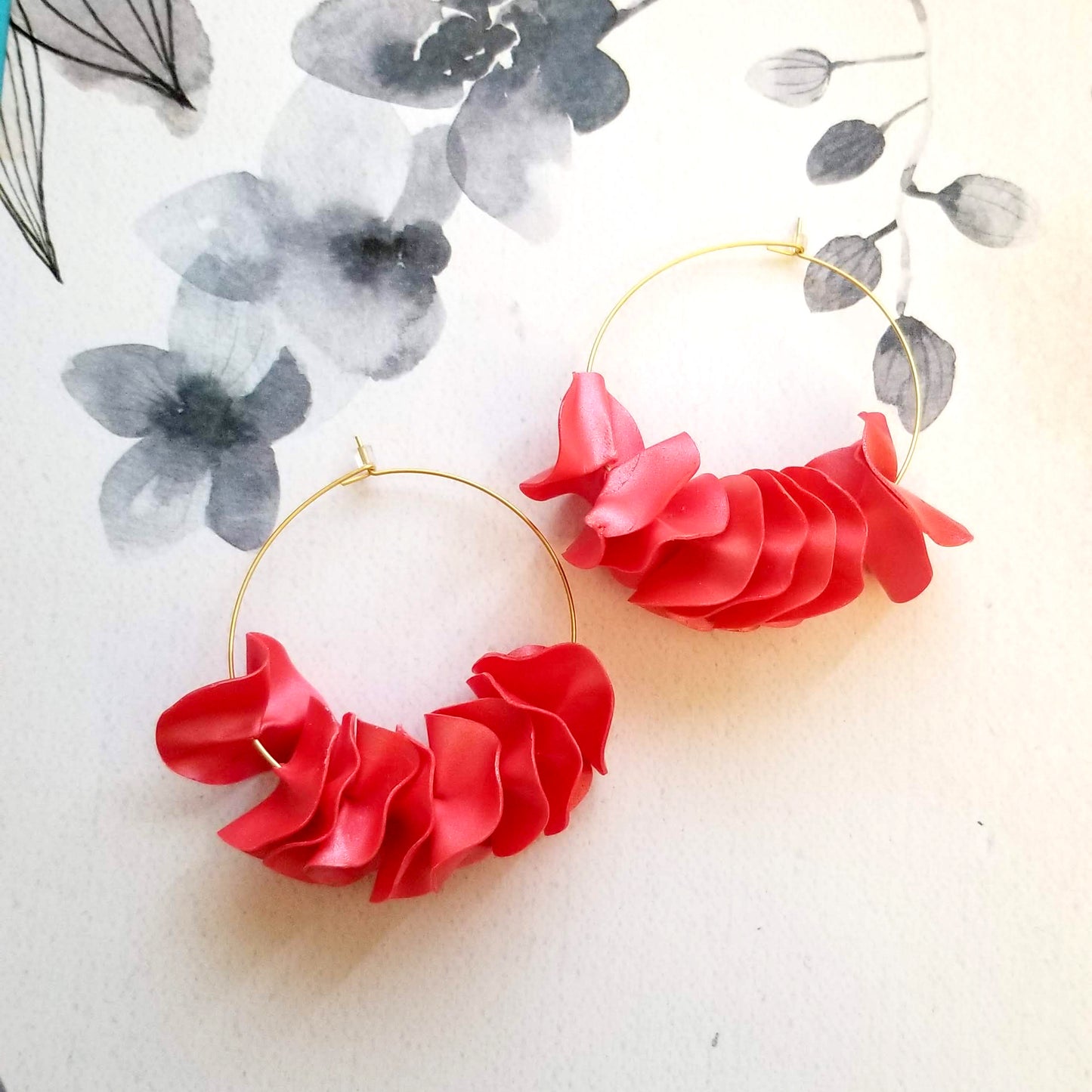 Pink on Gold Large Flamenco Ruffle Hoops