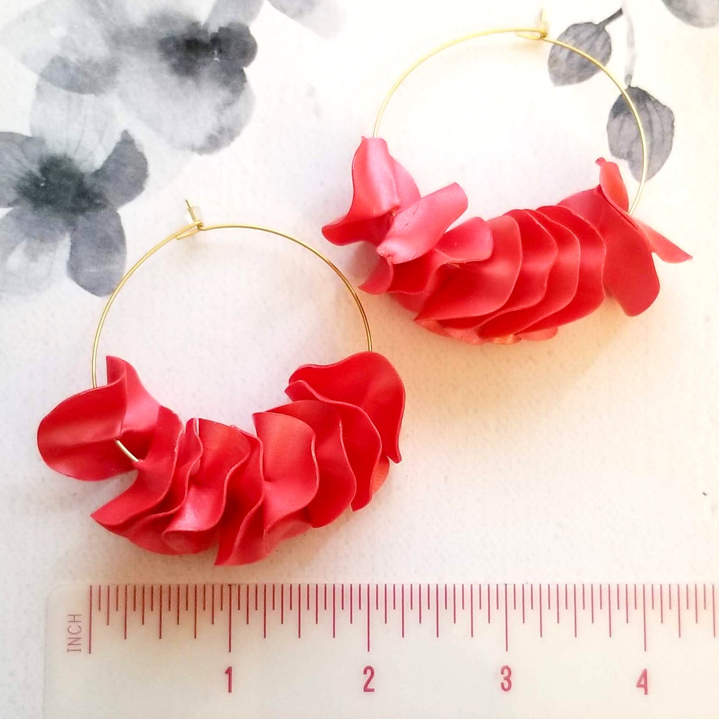 Pink on Gold Large Flamenco Ruffle Hoops