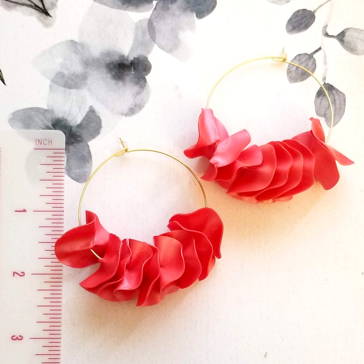 Pink on Gold Large Flamenco Ruffle Hoops