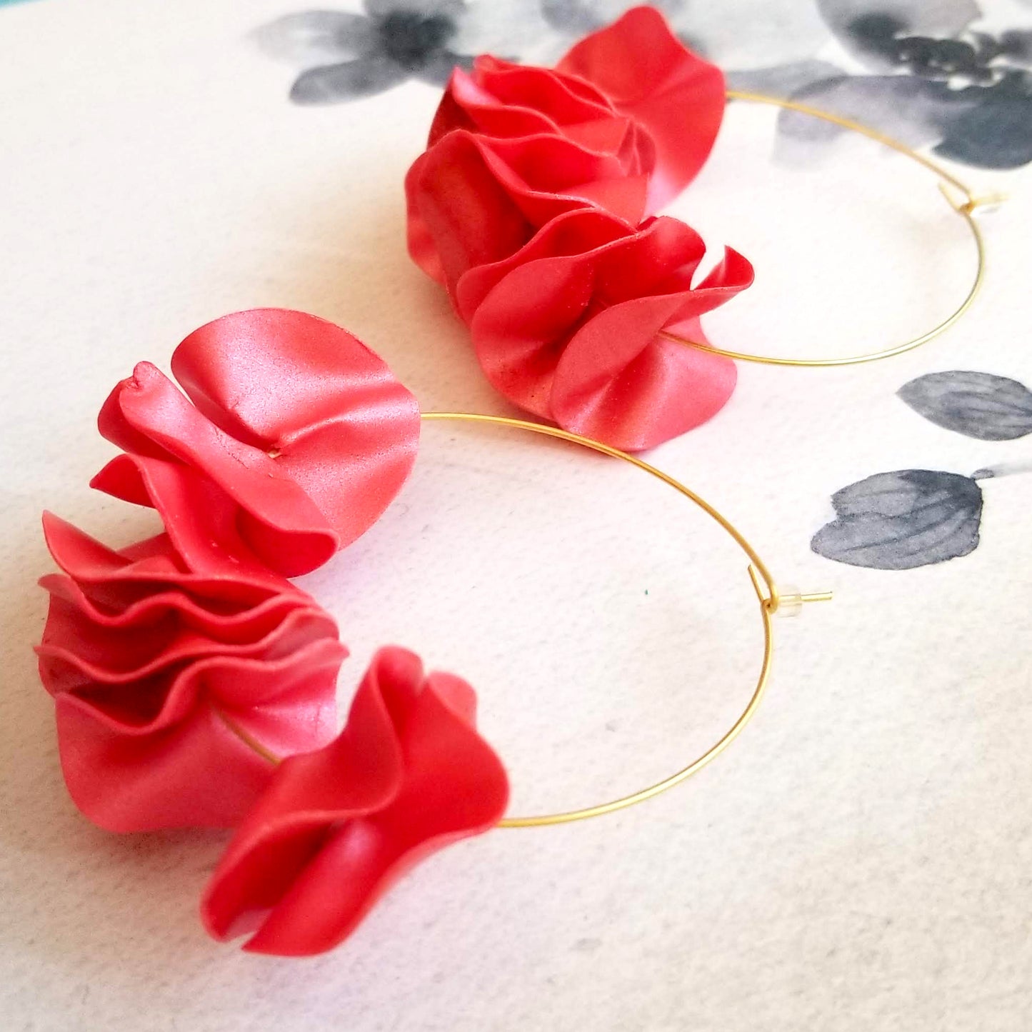 Pink on Gold Large Flamenco Ruffle Hoops