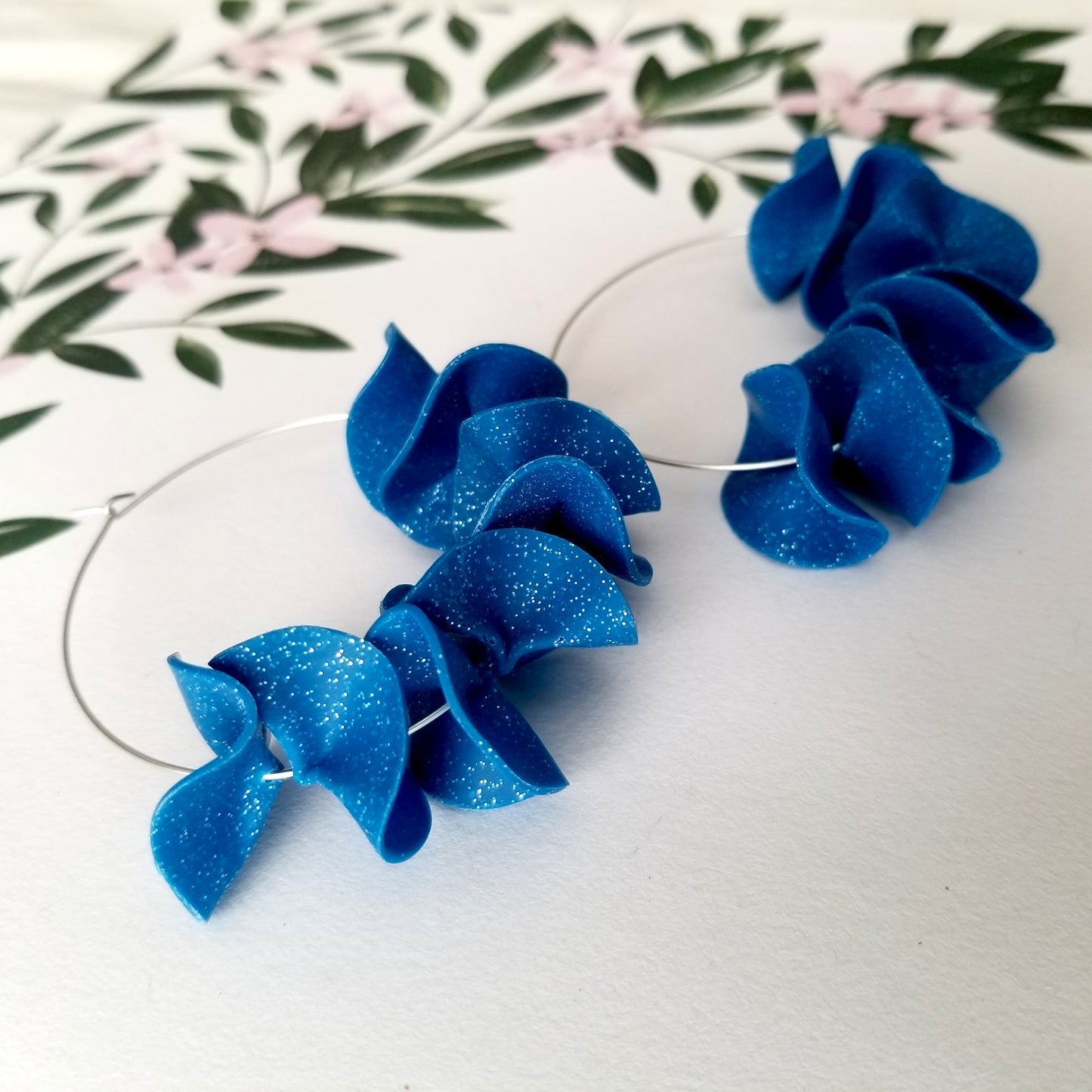Glittery Blue on Silver Large Flamenco Ruffle Hoops