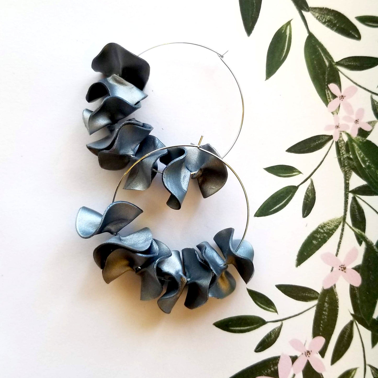 2 toned Gray on Silver Large Flamenco Ruffle Hoops