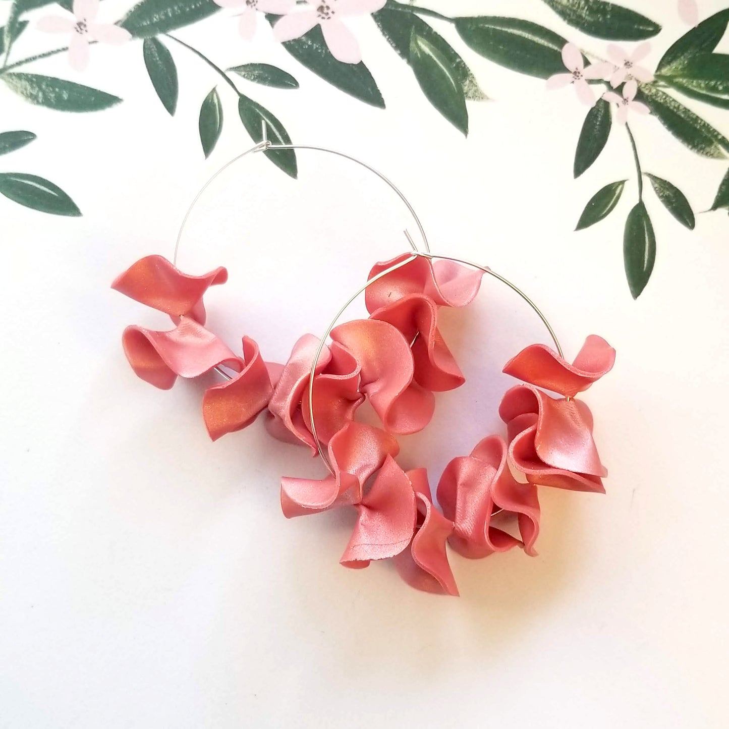 Light Peach on Silver Large Flamenco Ruffle Hoops