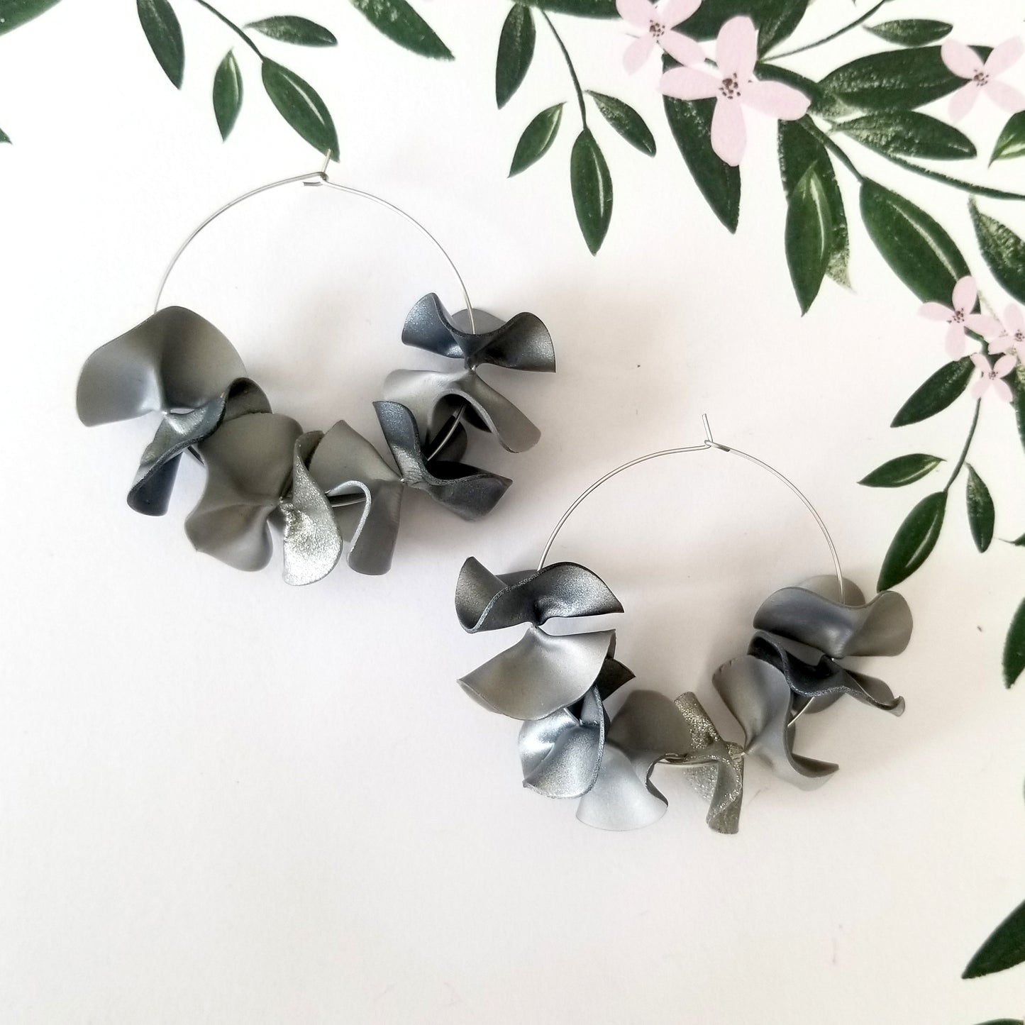 Large Flamenco Ruffle Glittery 2 Toned Gray on Silver Hoops