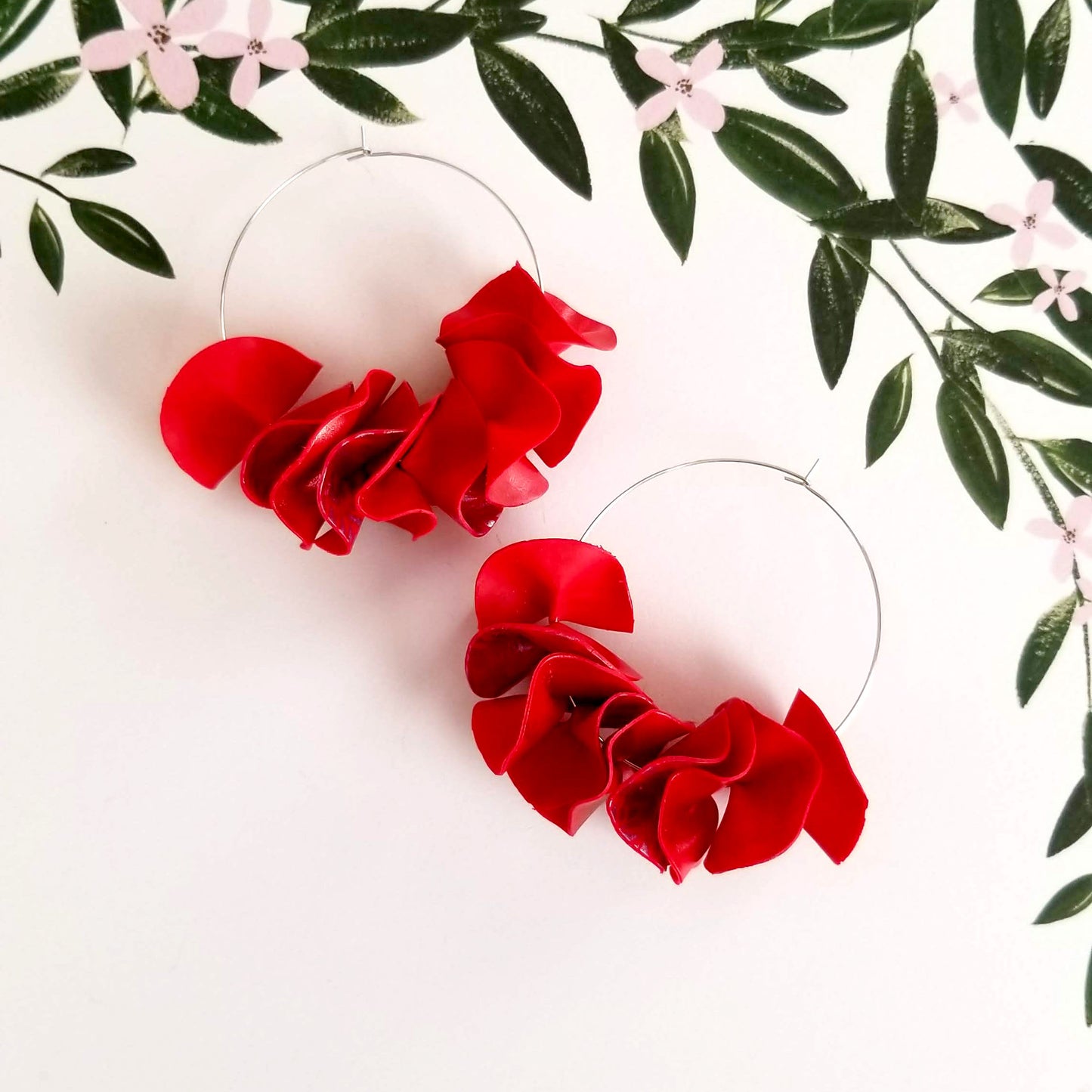 Leafy Red on Silver Large Flamenco Ruffle Hoops