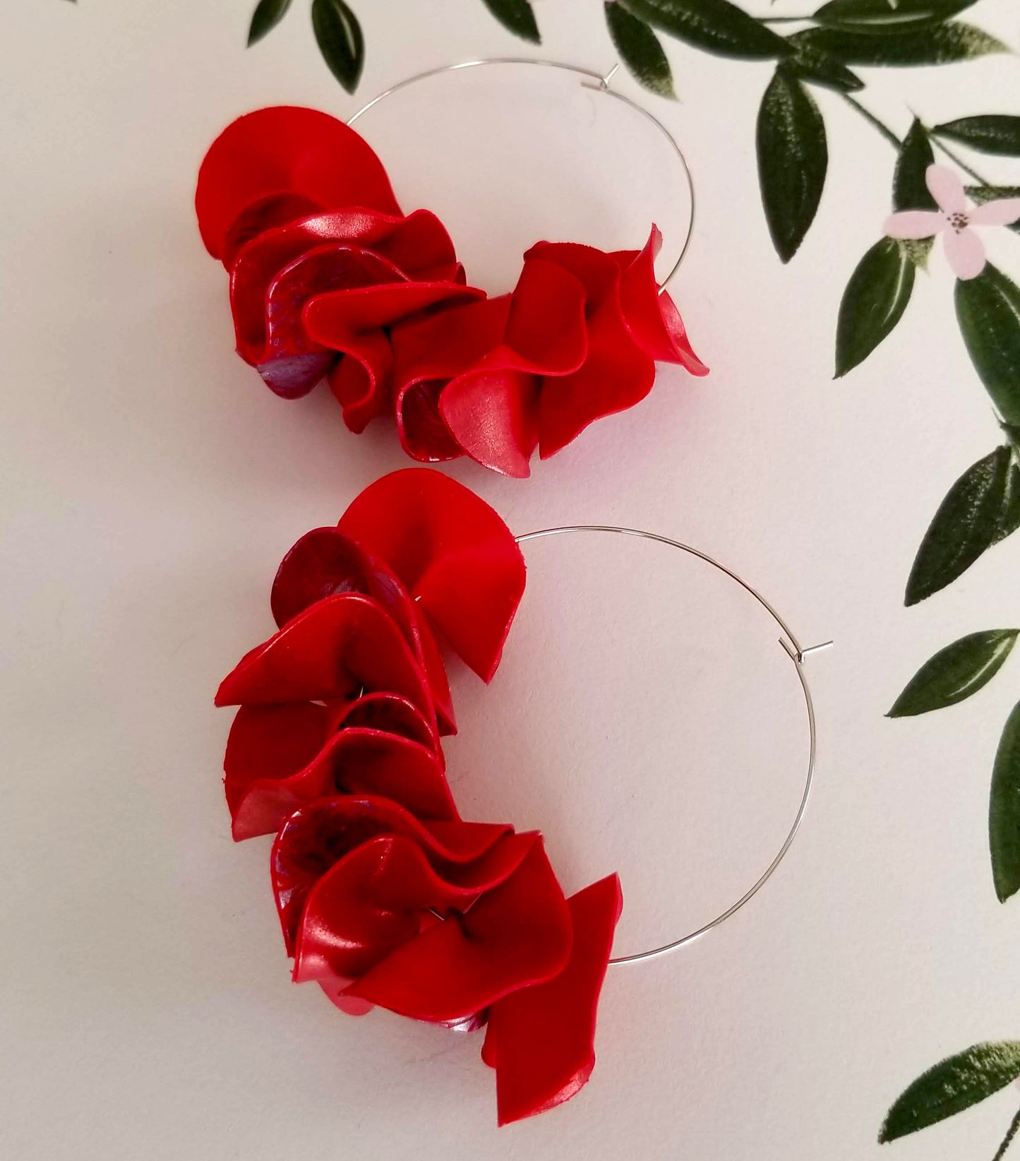 Leafy Red on Silver Large Flamenco Ruffle Hoops