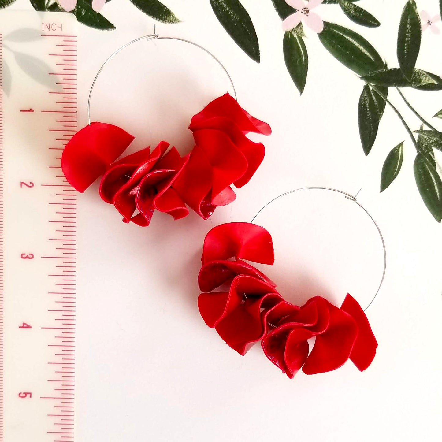 Leafy Red on Silver Large Flamenco Ruffle Hoops