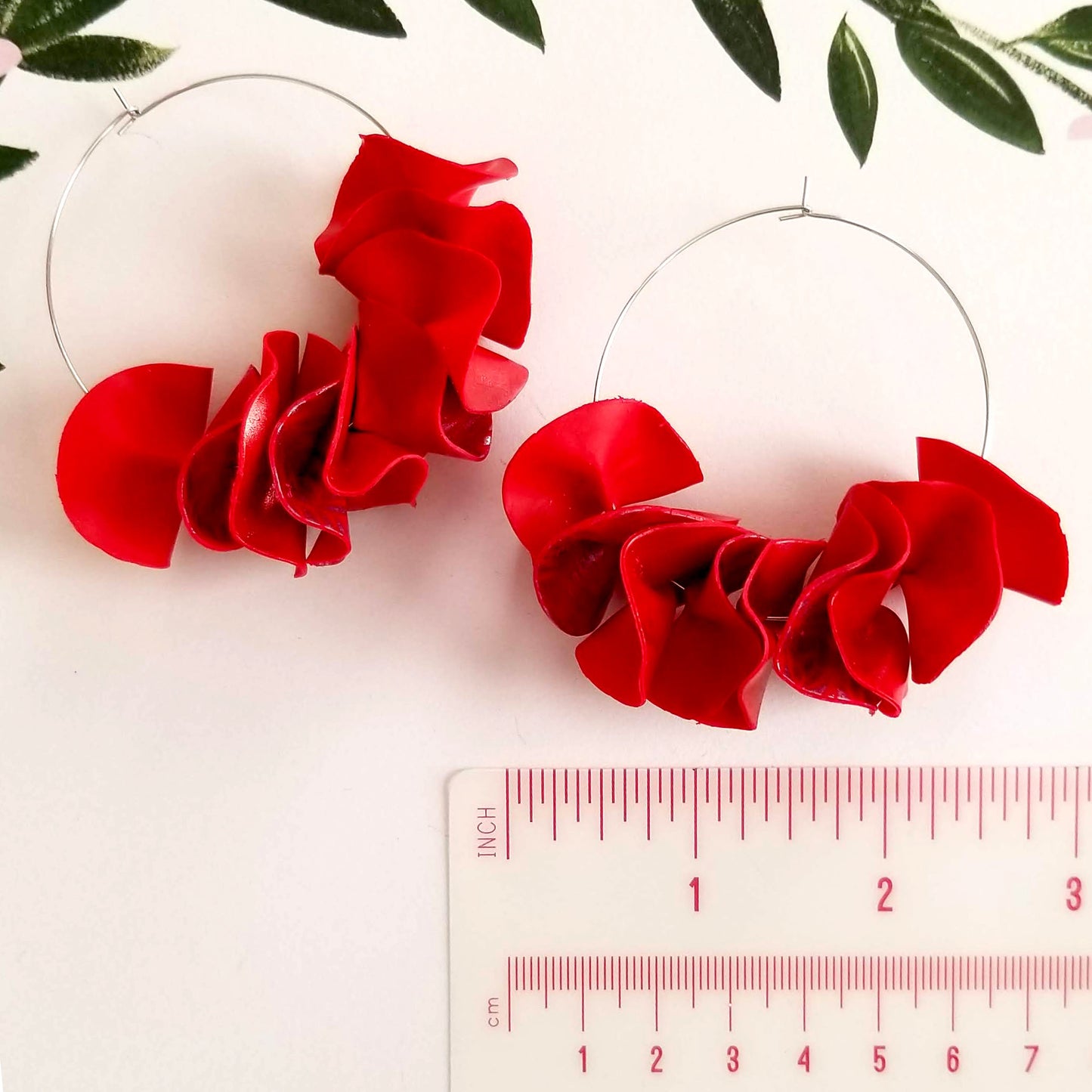 Leafy Red on Silver Large Flamenco Ruffle Hoops