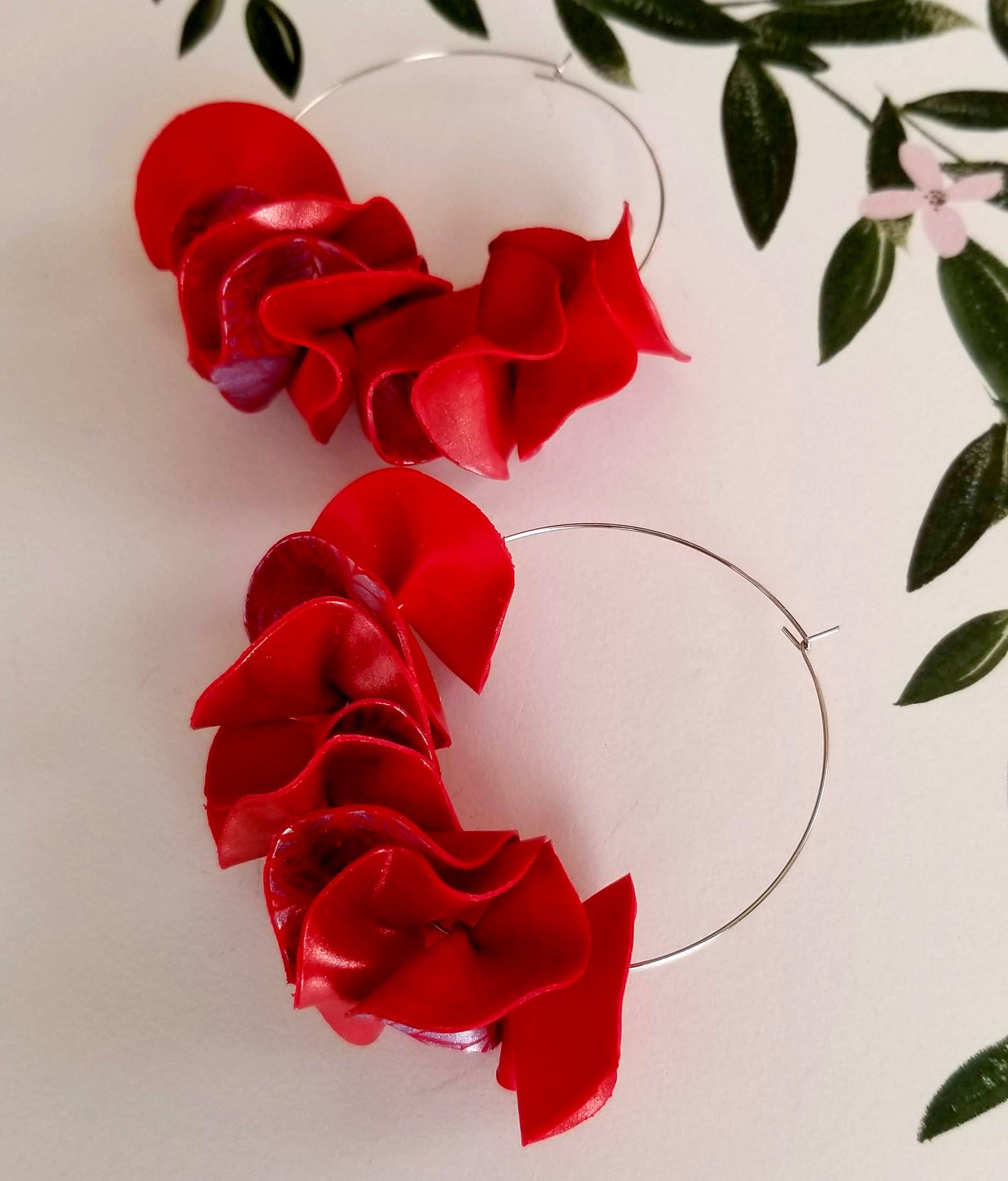 Leafy Red on Silver Large Flamenco Ruffle Hoops