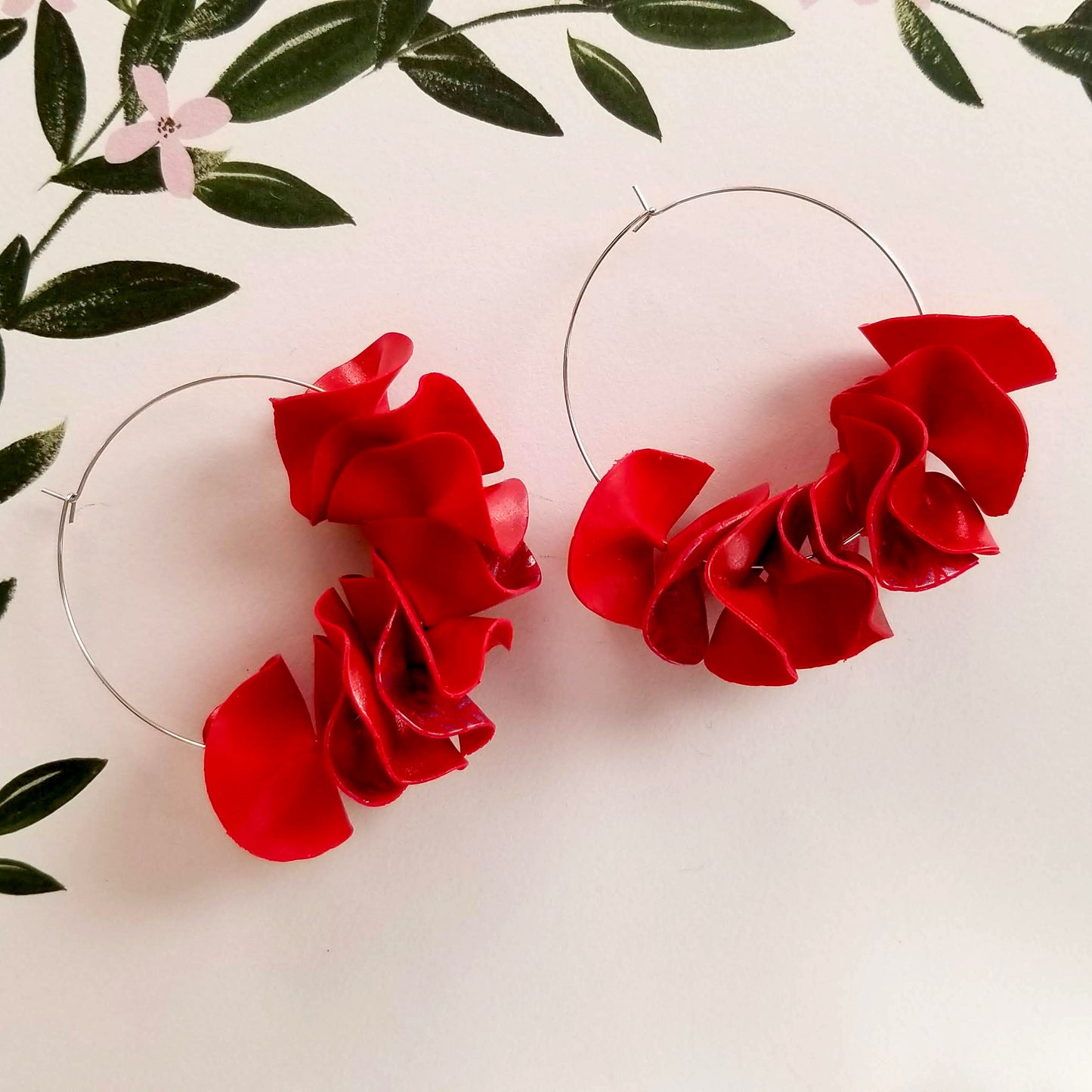 Leafy Red on Silver Large Flamenco Ruffle Hoops