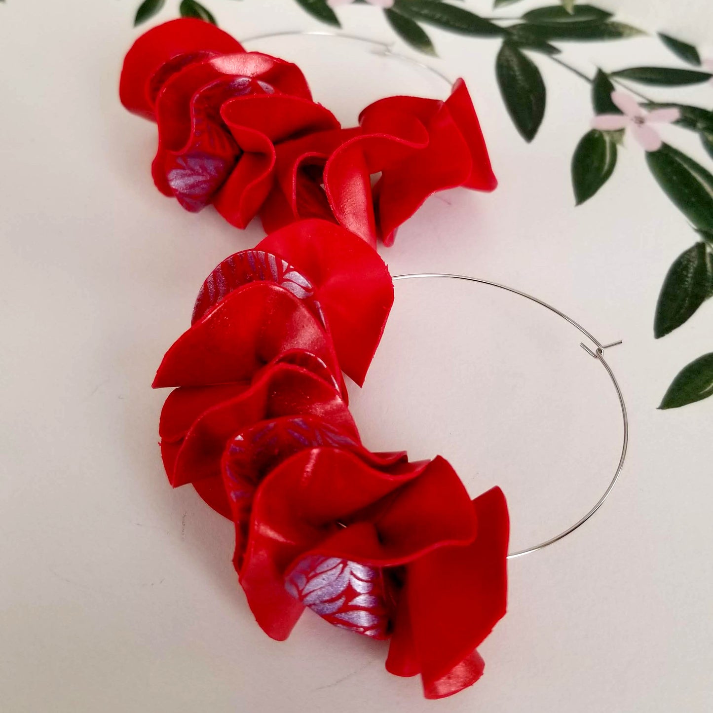 Leafy Red on Silver Large Flamenco Ruffle Hoops