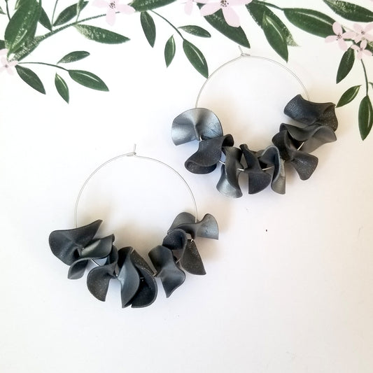 2 toned Gray on Silver Large Flamenco Ruffle Hoops